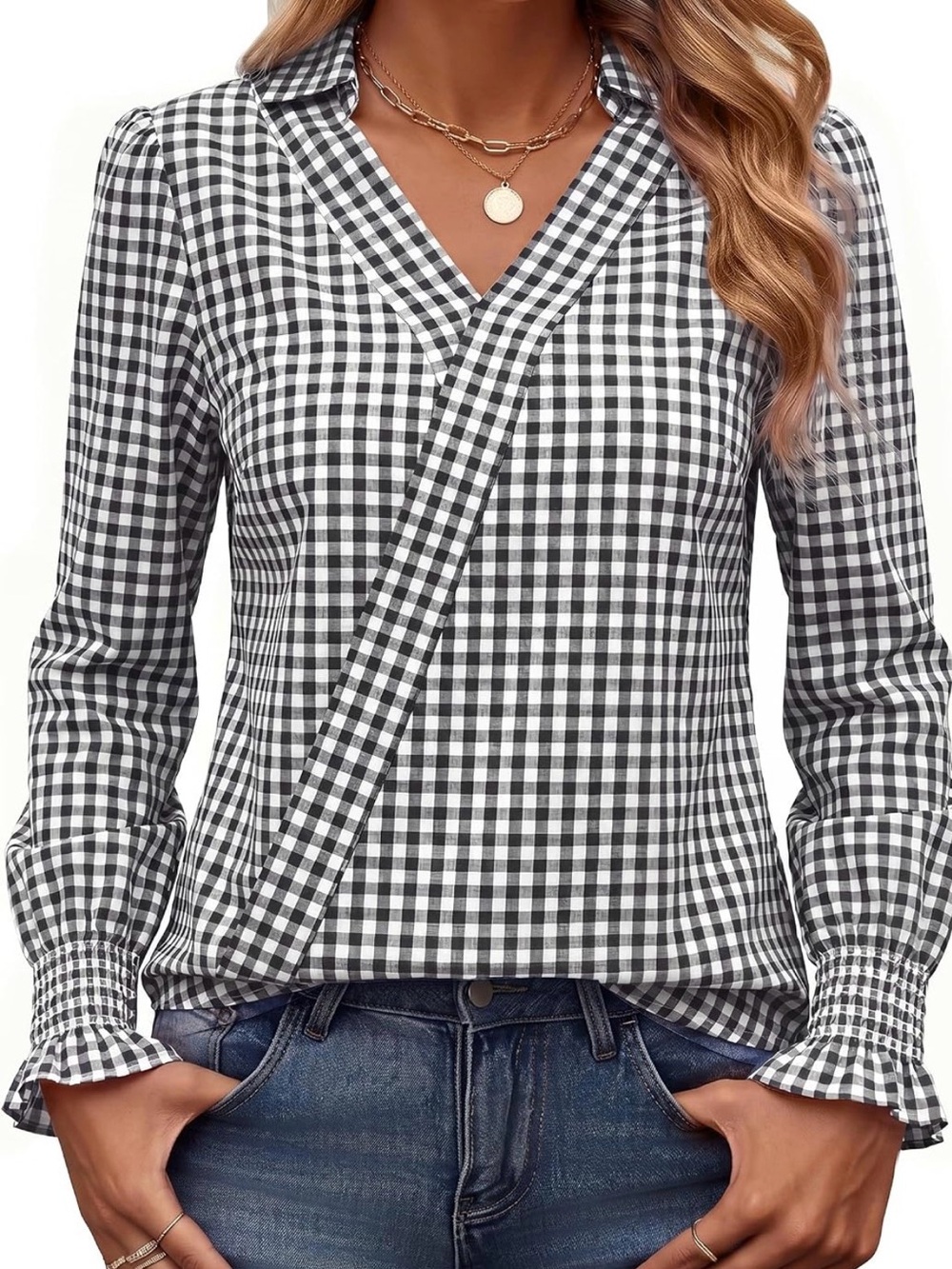 Womens Black White Gingham Wrap Blouse